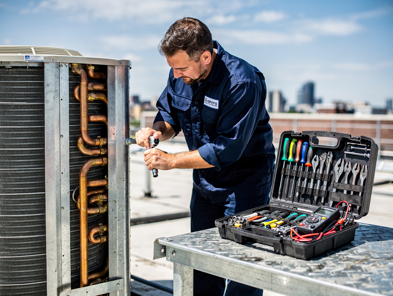 HVAC technician working in Houston heat