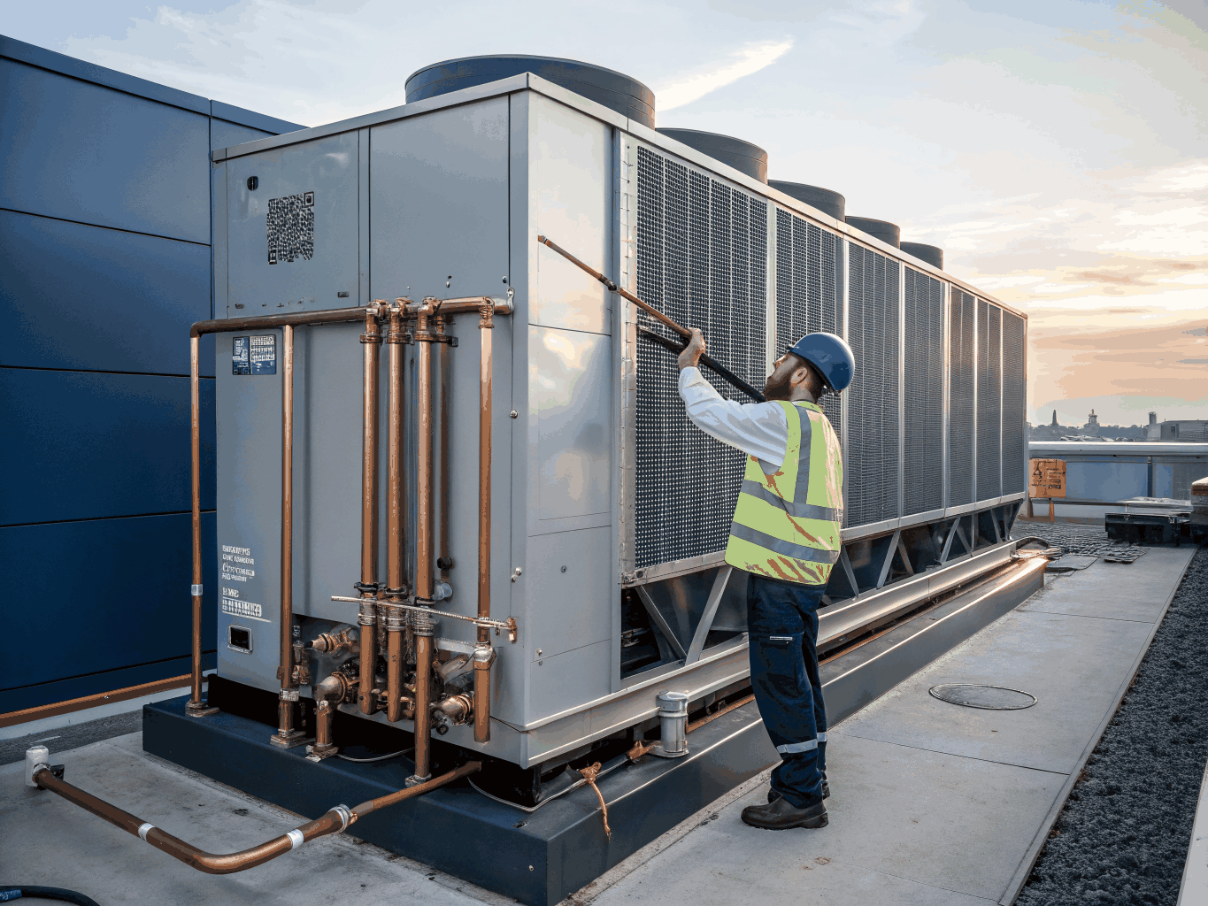 HVAC technician working on a rooftop unit in Houston