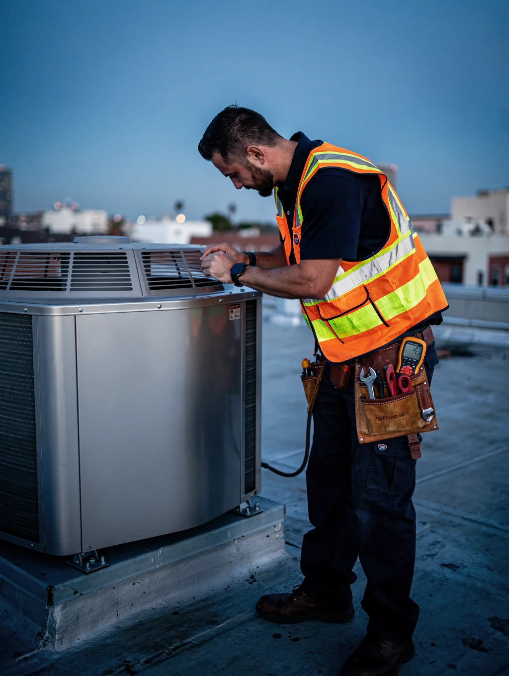 HVAC technician working on a rooftop unit at night under industrial lighting